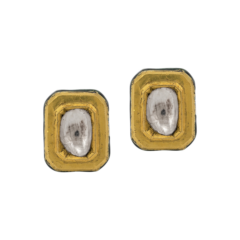 Rectangular Polki Stud Earrings in Gold Finish